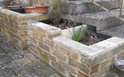 Odlingsbädd uppmurad av återbrukat tegel